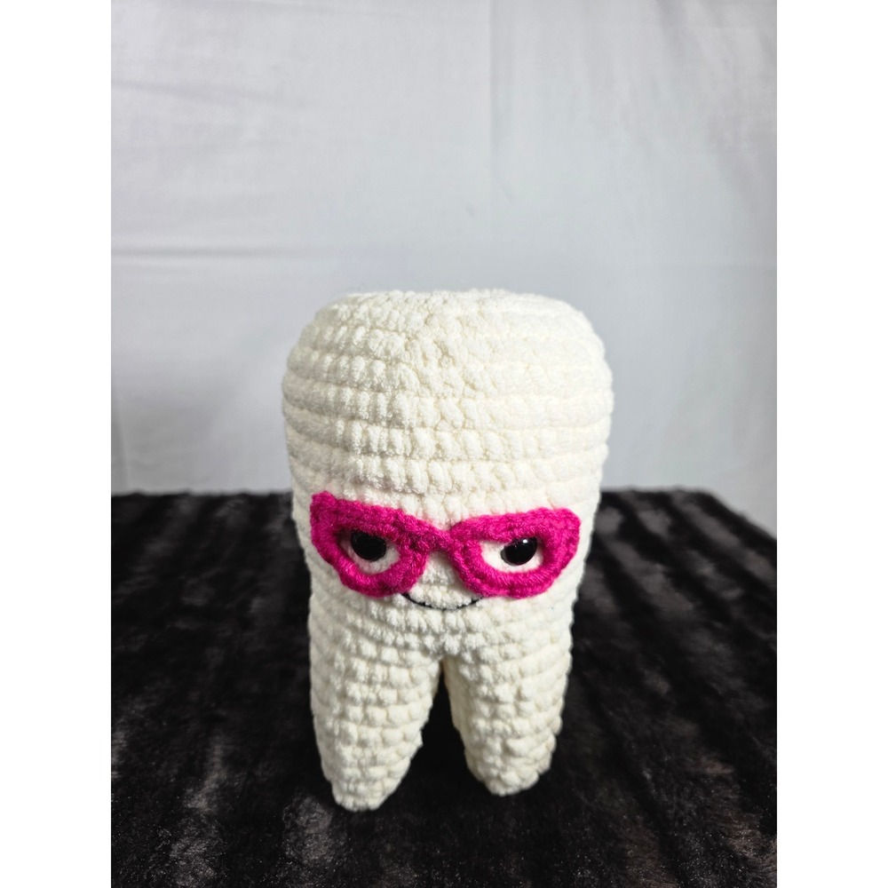 Handmade Crochet Tooth Fairy Pillow Plush White Molar with Pink Glasses Plushie